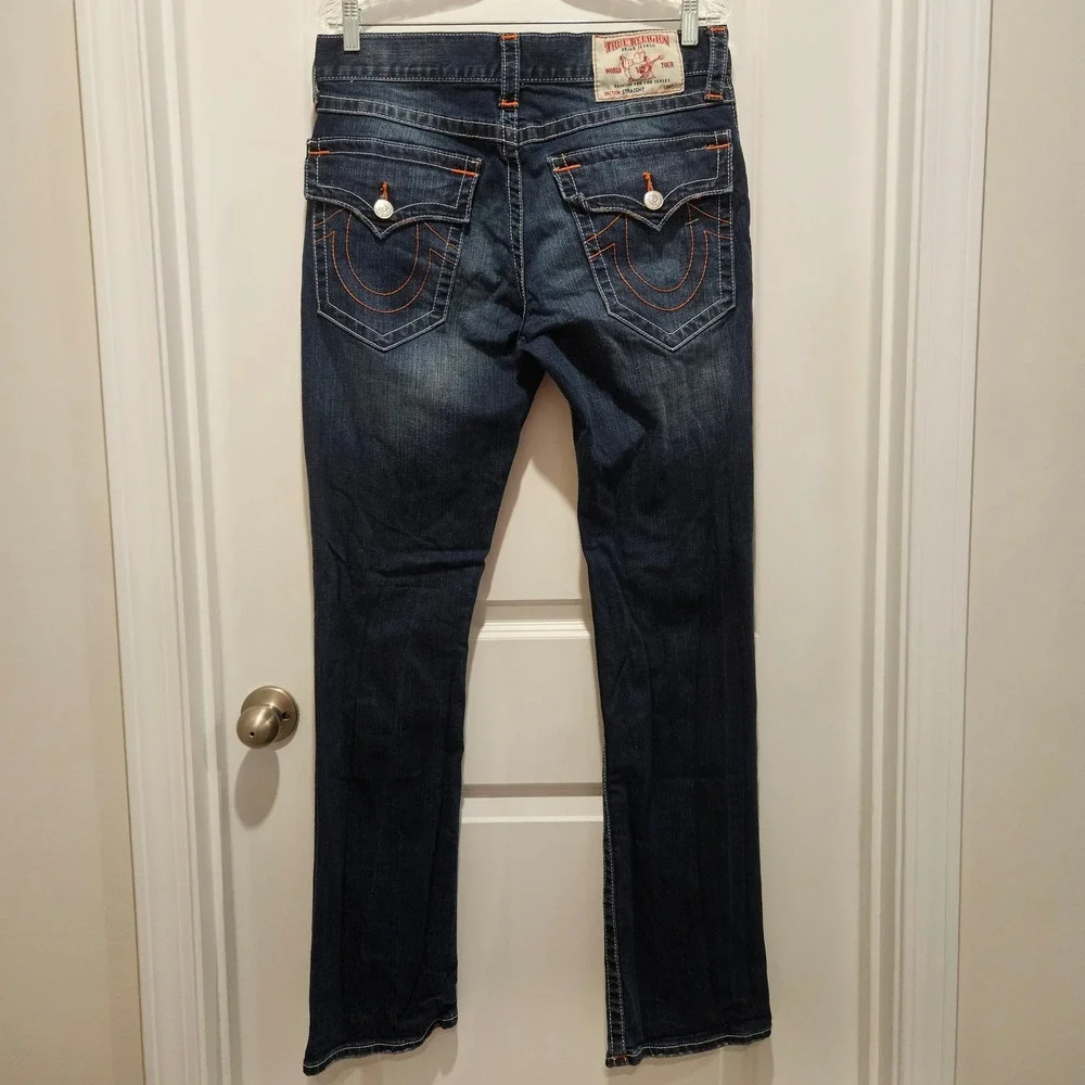 True Religion Jeans Mens 32 Blue Straight Flap Orange Stitch Distressed Ripped